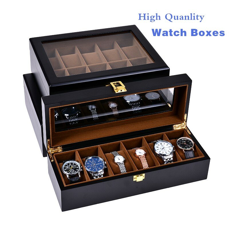 Europejski czarny zegarek pudełka przypadku drewna i skóry mechaniczne organizator zegarków nowy zegarek wyświetlacz prezent przypadku przechowywania biżuterii uchwyt