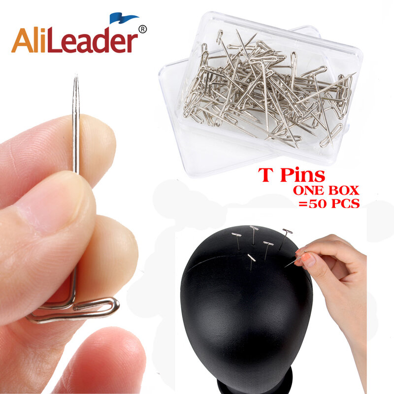 AliLeader-Pin de agujas en forma de T para pelucas, cabeza de maniquí, herramientas de peluquería, 38mm de largo, 50 unids/caja