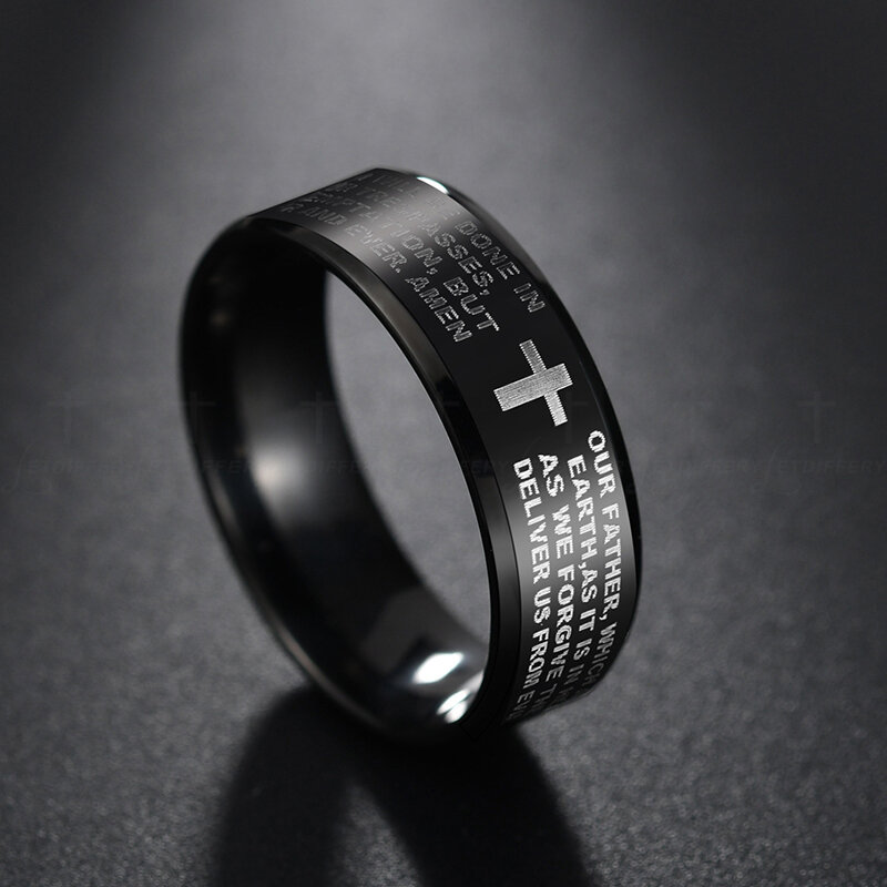 Letdiffery aço inoxidável cor preta jesus cruz anel carta bíblia oração dedo anéis para homens 8mm amuleto jóias