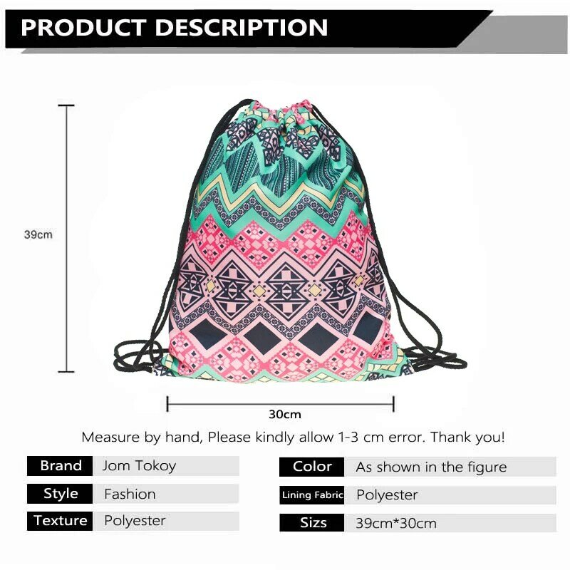JomTokoy-새로운 패션 여성용 끈 백팩, 3D 인쇄, 여행용 소프트백, 여성 Mochila 드로스트링 가방, SKD29059
