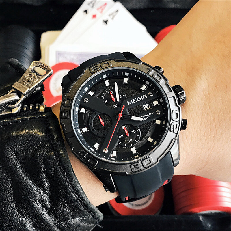 Часы наручные MEGIR Мужские кварцевые, аналоговые водонепроницаемые спортивные с хронографом и автоматической датой