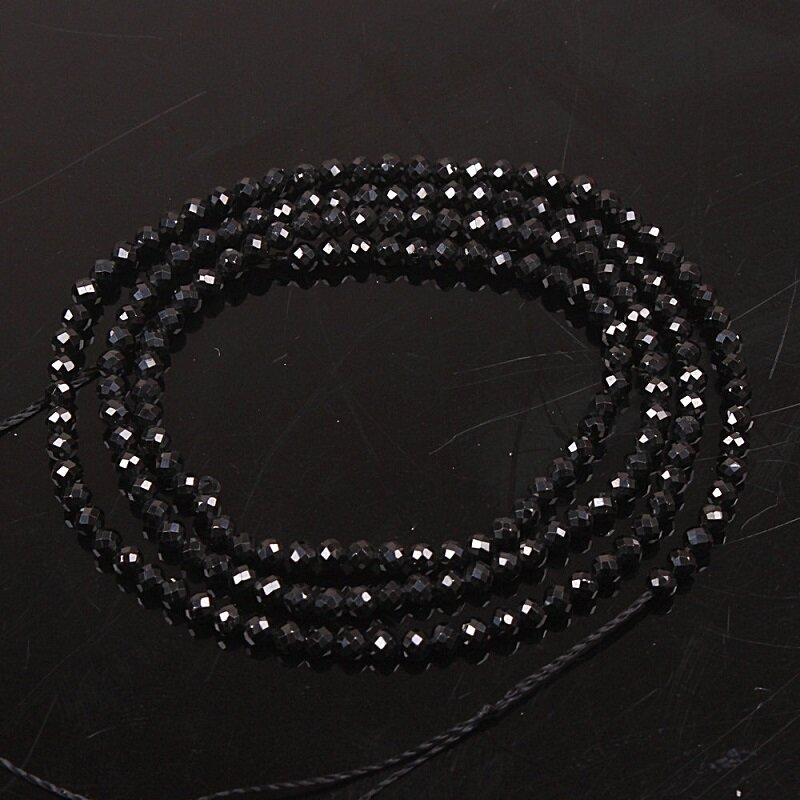 Naturalny czarny Spinel kamień 2mm 3mm 4mm okrągłe wielopłaszczyznowe koraliki luzem DIY akcesoria do naszyjnik kolczyki bransoletka tworzenia biżuterii