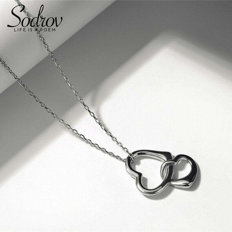 Sodrov Genuine 925 Sterling Silver Necklace Double Heart Pendant For Women Love Silver 925 Jewelry 925 Silver Necklace