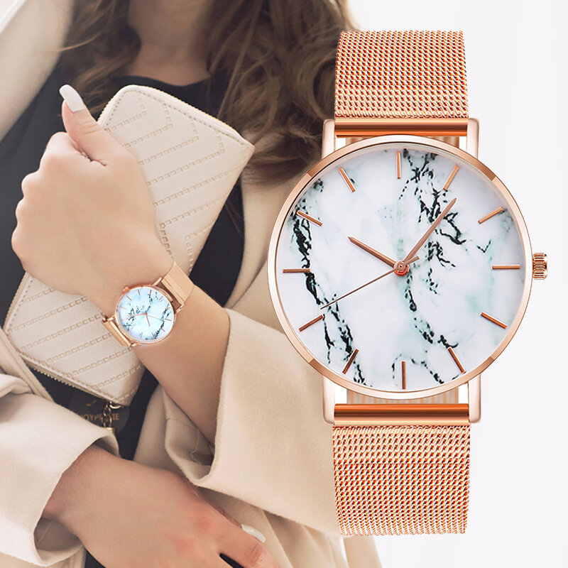 Relógio de pulso feminino de quartzo, relógio de pulso com pulseira de malha de ouro rosê, criativo, de luxo, para presente
