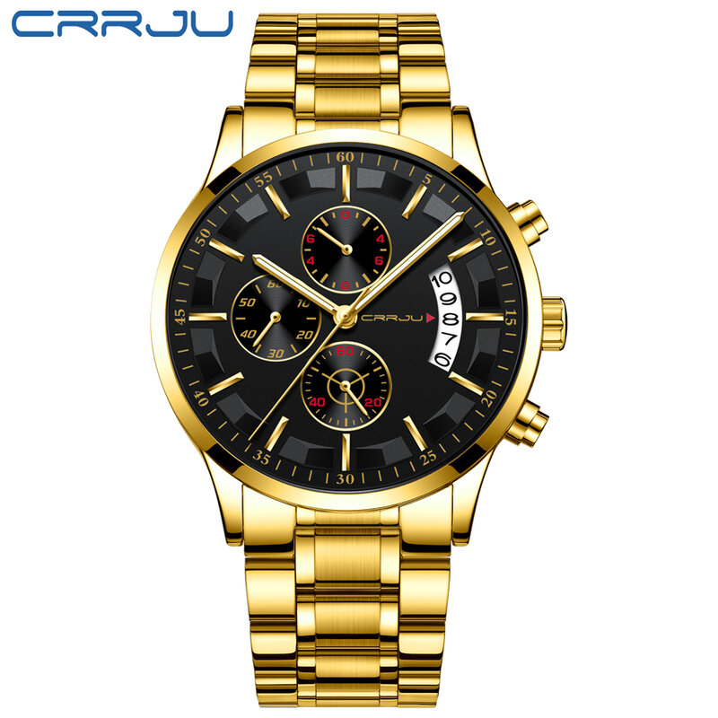 Luxo crrju negócios masculino relógio clássico ouro multi-função cronógrafo aço inoxidável à prova dwristwatch água relógio de pulso presentes para homem