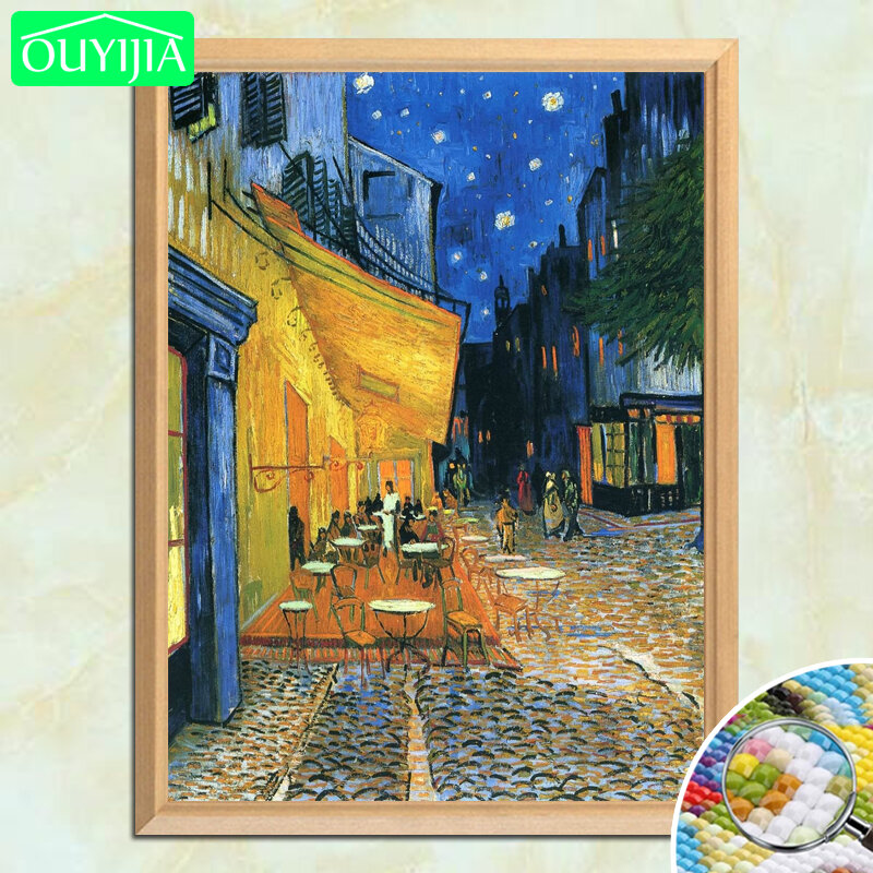 Van Gogh Tranh Nổi Tiếng "Cafe Sân Thượng Vào Ban Đêm" 5D Tự Làm Tranh Gắn Đá Full Kim Cương Vuông Thêu Ren Hình