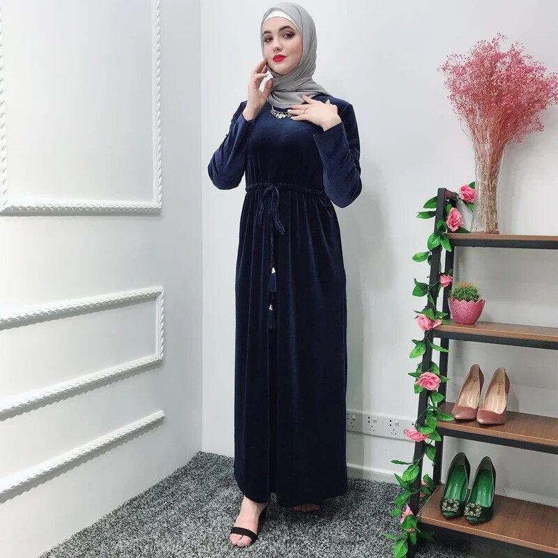 2021 벨벳 Abaya Femme Kaftan 가운 두바이 이슬람 패션 드레스 터키 Abayas 여성 Caftan 라마단 이드 무바라크 이슬람 의류