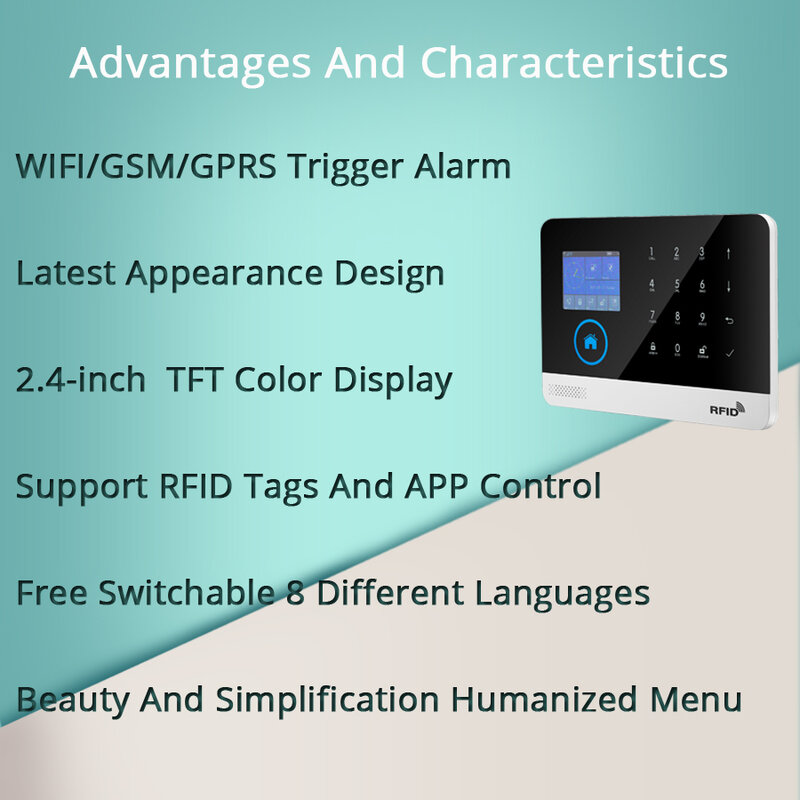 Système d'alarme domestique sans fil télécommandé par application, fréquence GMS, Wi-Fi, RFID, avec clavier tactile LCD, app Tuya, anti-cambriolage, détecteur de mouvements, langue russe et espagnole