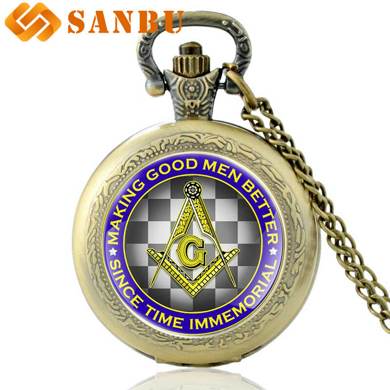 Classic Masonic Logo Bronze Pocket Watch Vintage Men Women Free-Mason Pendant Necklace Quartz Watches