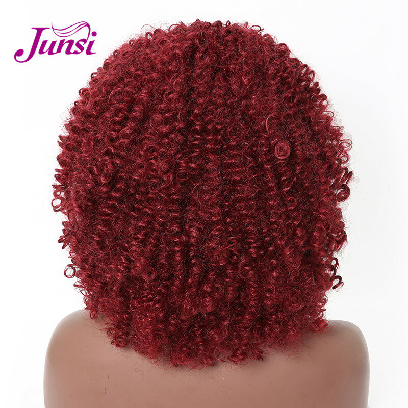 JUNSI włosy Ombre szare krótkie kręcone włosy wino czerwone peruka afro miękkie piękno syntetyczne włosy peruka