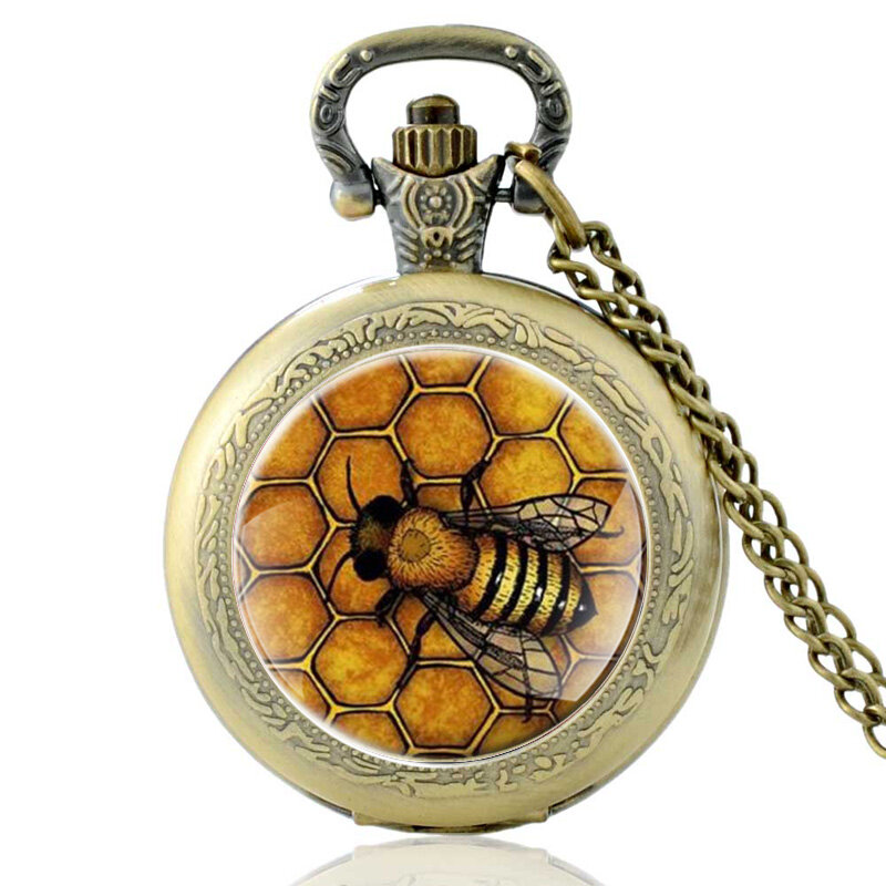 Relógio de bolso criativo as abelhas padrão, cabochão de vidro, quartzo, joias da moda, declaração, colar preto para presente para mulheres