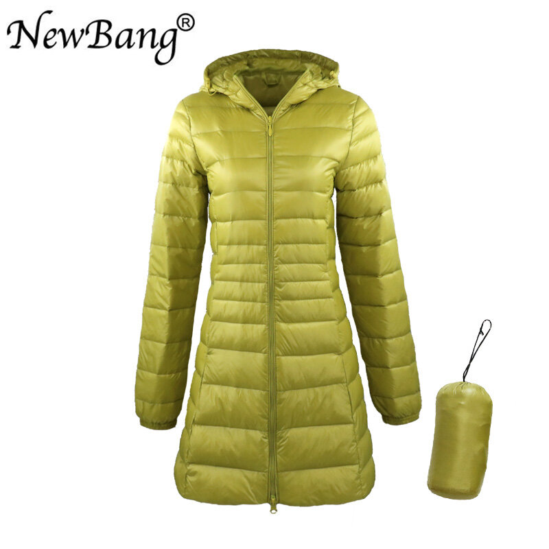 NewBang-휴대용 보관 가방 포함 여성용 롱 다운 코트, 울트라 라이트 다운 재킷, 여성용 오버 코트, 엉덩이 길이, 8XL