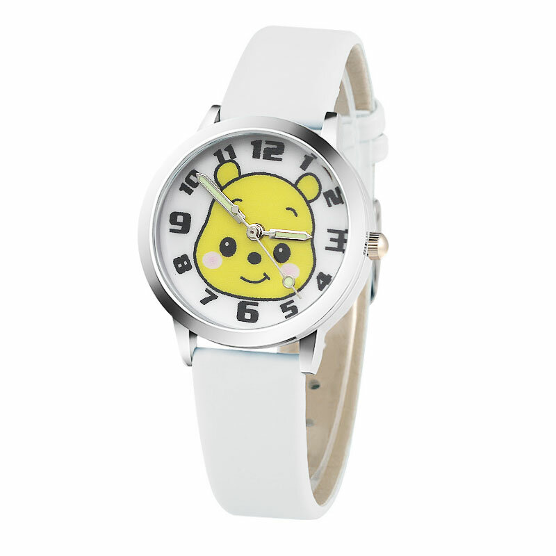 Повседневные часы для мальчиков и девочек, Милые Желтые Детские Кварцевые часы с медведем из мультфильма, простой кожаный дизайн, детские ч...