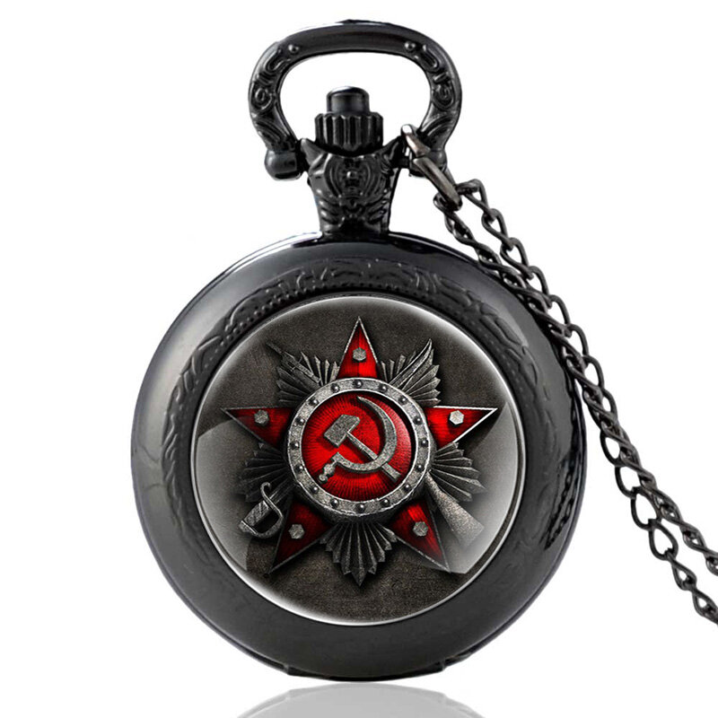 Relógio de bolso clássico soviéticos, relógio de bolso de vidro cabochão de arte do exército clássico para homens e mulheres, colar de quartzo com martelo