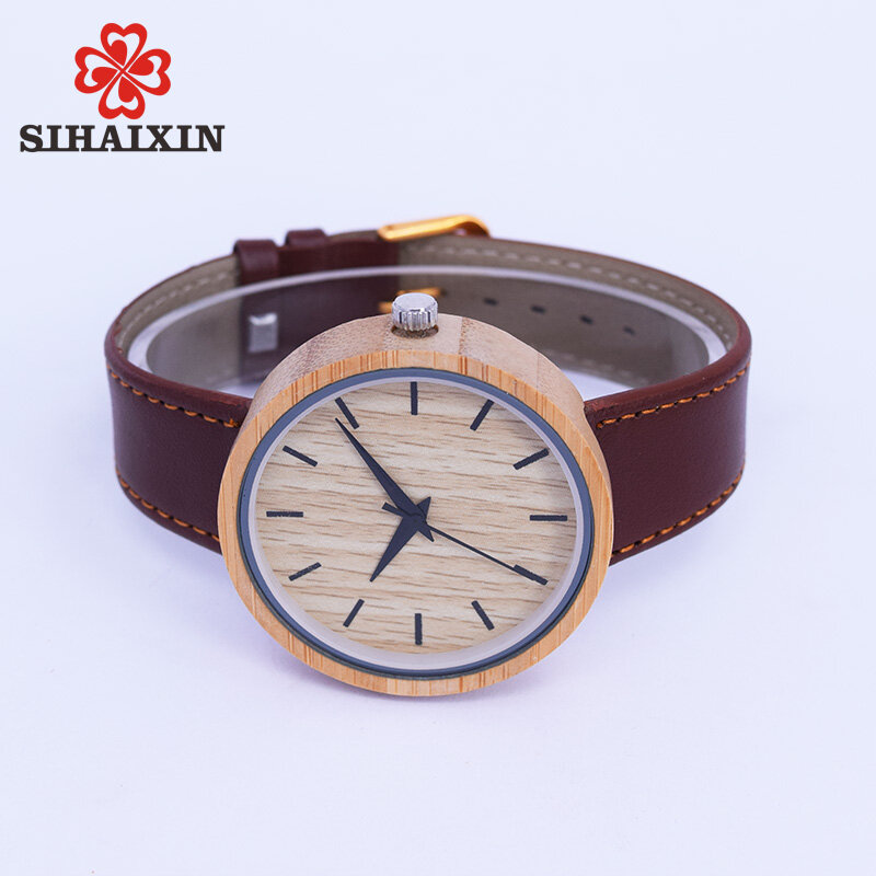 SIHAIXIN mens Casual Antike Runde Bambus Holz Uhr mit Lederband Uhren Top Marke Luxus Weiche Natürliche