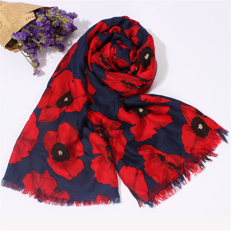 2021ผ้าพันคอผู้หญิงผ้าพันคอ Vintage Poppy ดอกไม้เหนียวผ้าพันคอใหม่ออกแบบ Shawls และ Wraps Lady Fringe Pashmina ผ้าพันคอ Hijab ...