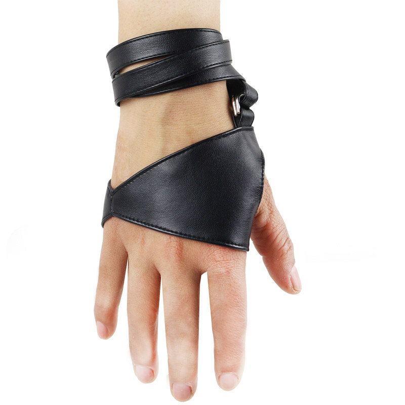 LongKeeper Women Fingerless Gloves PU Leather Dancing Gloves Non-Slip Palm Belt Up Half Finger Punk Show Fashion Guante Luvas