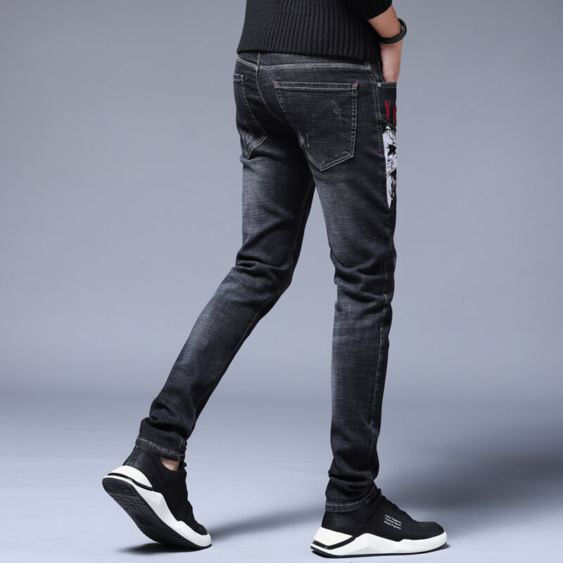 Мужские джинсы с вышивкой, черные прямые повседневные байкерские джинсы из хлопка, 29-38, 2019