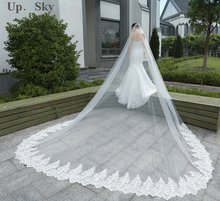 Фата свадебная длиной 4 метра со шлейфом, шикарная кружевная с аппликацией по краям, свадебный аксессуар на заказ