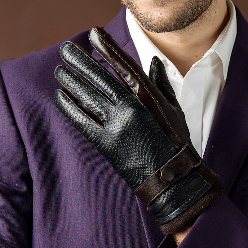 Autumn and Winter Fashion Men's Genuine Leather Gloves Goatskin Belt Button Male Black Plus Velvet Warm Driving Gloves