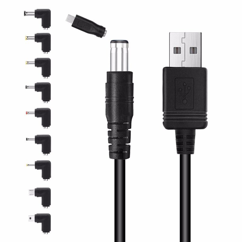 Universal USB to DC 5.5x2.1mm plug power cord with 10 connectors for routers, mini fans, speakers, cameras, smartphones, etc.