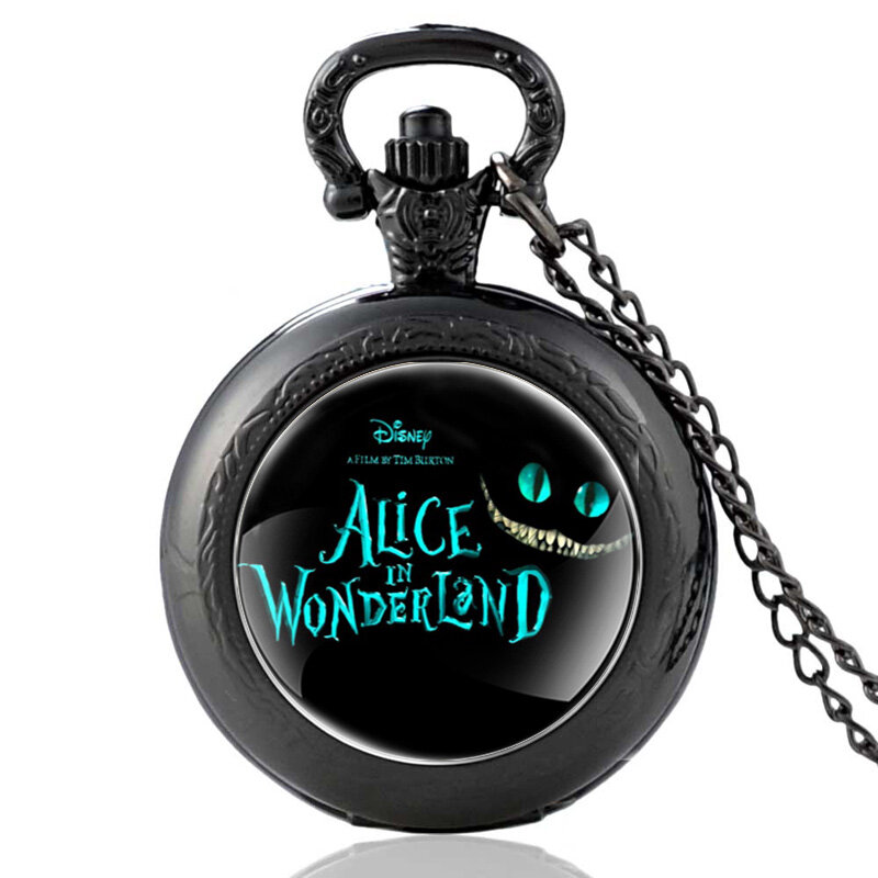 New Arrivals Đen Alice In Wonderland Theme Thạch Anh Đồng Hồ Bỏ Túi Retro Đàn Ông Phụ Nữ Mặt Dây Chuyền Vòng Cổ Đồng Hồ Món Quà Giáng Sinh
