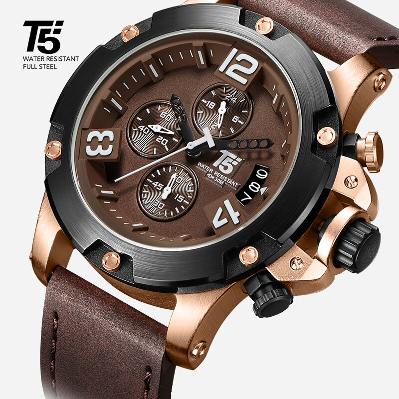 Ouro rosa pulseira de couro t5 luxo preto marca homem quartzo cronógrafo à prova dwaterproof água relógio masculino esporte relógios de pulso