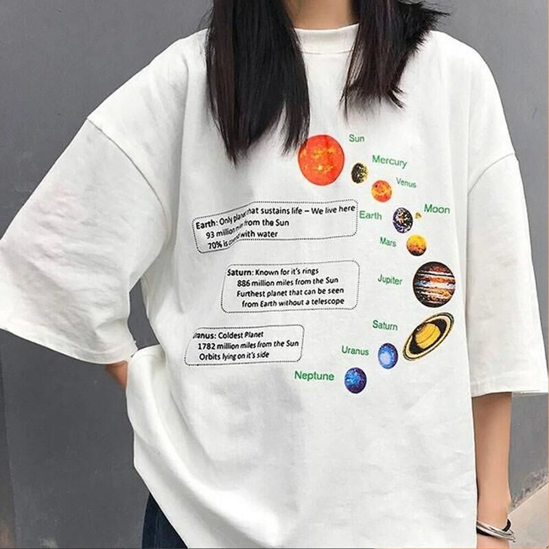 Koszulka układu słonecznego Geek T koszula koreański moda koszulka Oversized Hipsters koszula w stylu Grunge koszulki Pluto Jupiter Saturn o-nec