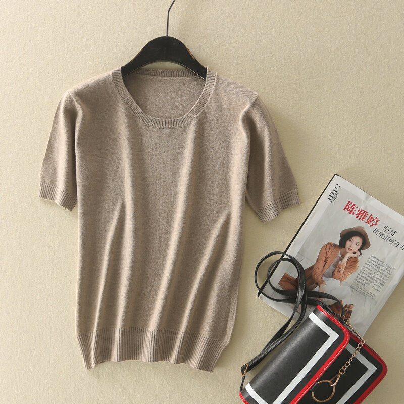 HZYRMY-suéter de cachemira para mujer, jersey de manga corta de Color liso con cuello redondo, Jersey de punto de lana suave para primavera y verano, 2018