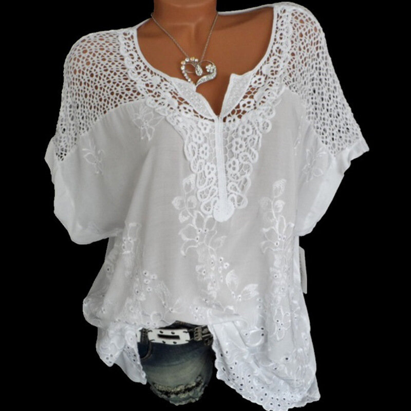 Женская блузка с коротким рукавом и кружевом, свободного покроя