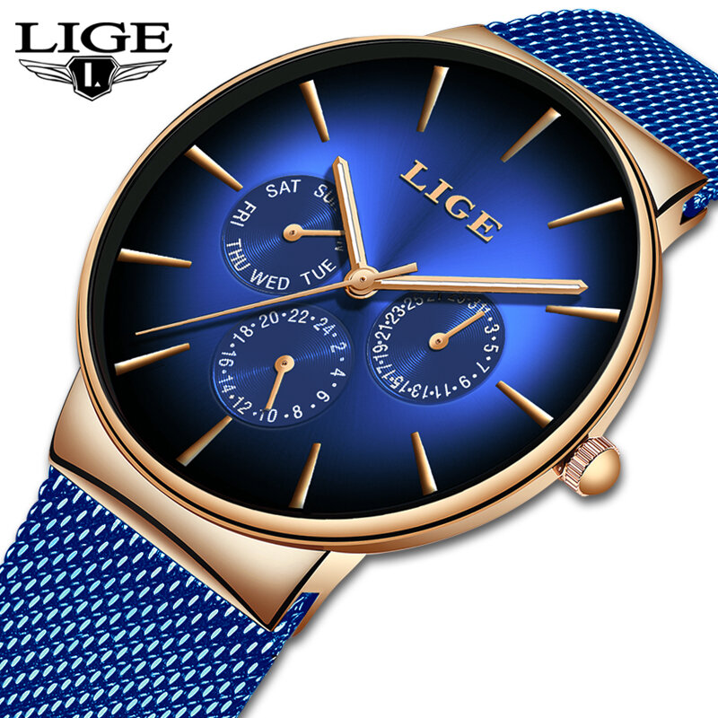 Lige-女性用クォーツ時計,新しいファッション,クリエイティブダイヤル,スポーティ,ブルー,耐水性,女性用