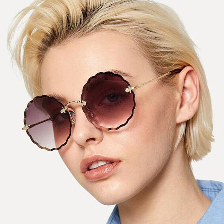 Rimless Gradient Sunglasses Women Luxury Ocean Color Lens Round Sun Glasses Ladies Gradient Shades Clear Eyewear
