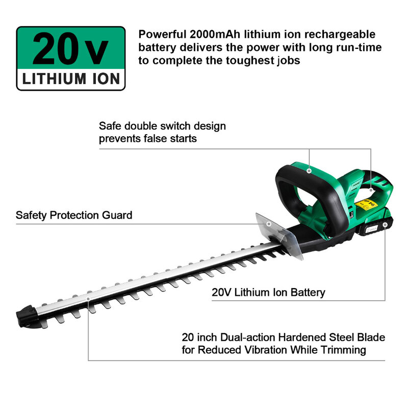 DEKO NEW DKHT07 Cordless Hedge Electric Trimmer Rechargeable Pruning Saw with Dual Blade/Saw and 20V 2000mAh Li-ion Battery