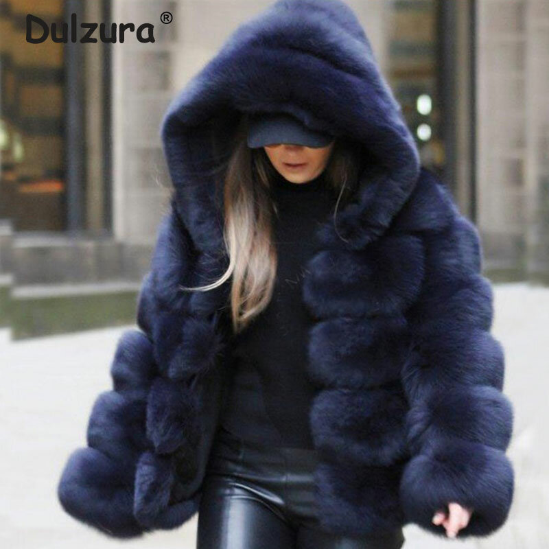Herfst Winter Nieuwe Luxe Ontwerp Hooded Faux Fur Jassen Fashion Warm Patchwork Overjassen Vrouwen Casual Pluizige Vossenbont Bovenkleding