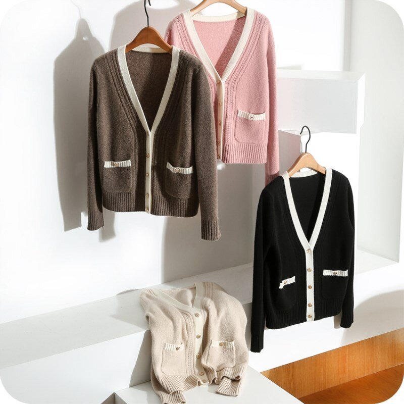 HZYRMY – Cardigan en cachemire pour femmes, nouvelle collection printemps et automne, col en v, ample, veste en tricot, mode, doux, de haute qualité, pull court