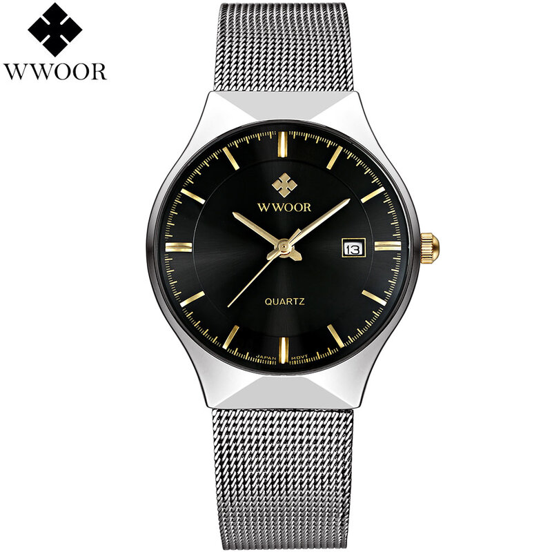Relógio masculino wwoor pulseira metálica, relógio de quartzo em aço inoxidável mostrador metálico