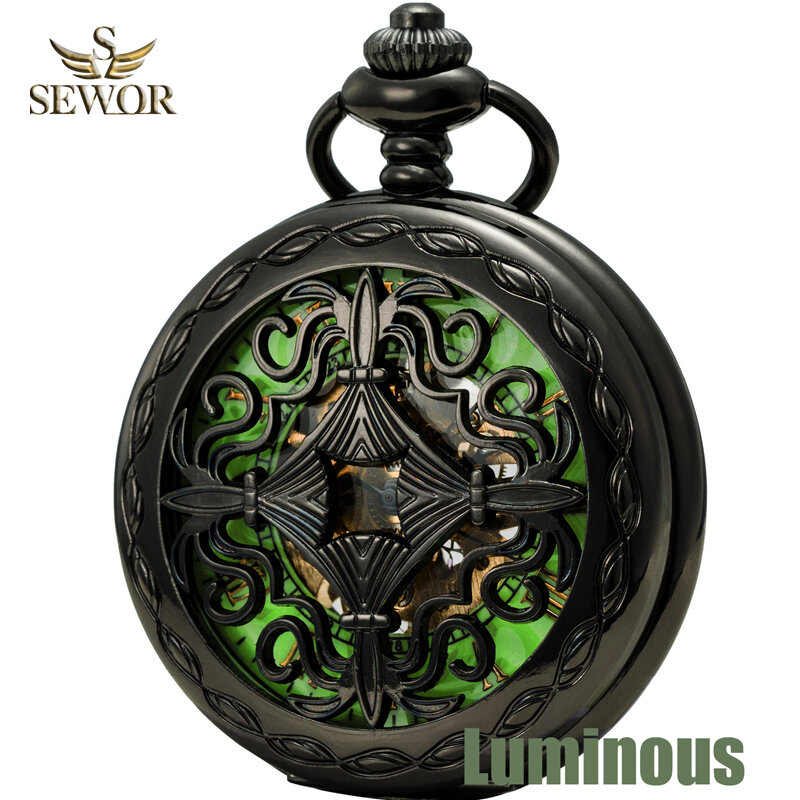 SEWOR メンズ特別レトロブラウン花柄懐中時計男性ファッション緑色発光ダイヤル機械式時計 C202