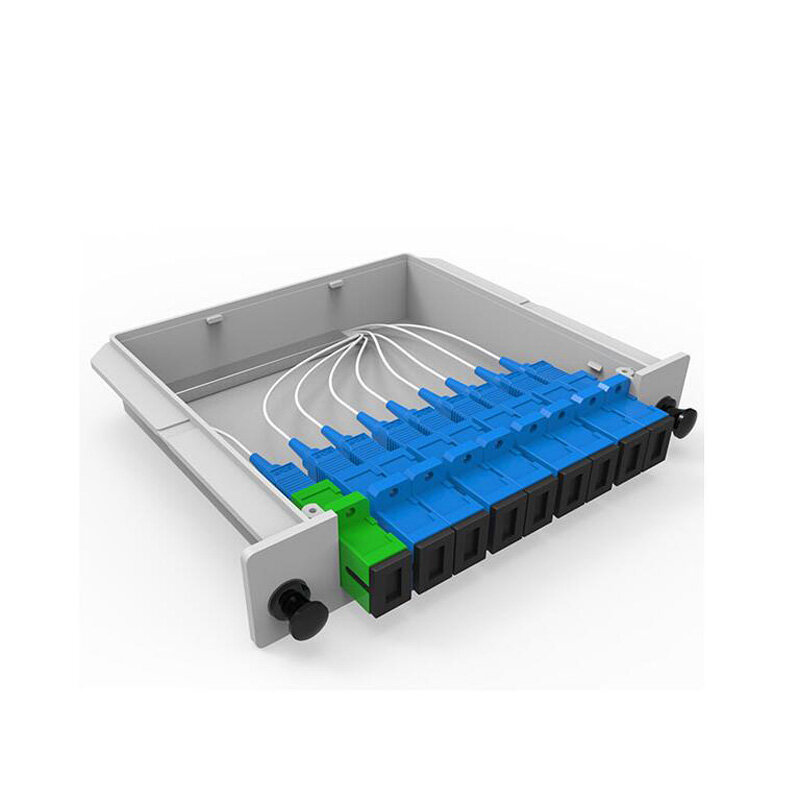 Dengan Harga Murah SC UPC PLC 1X8 Splitter Fiber Optik Kotak SC Konektor PLC 1X8 Single Mode Insert jenis Lembar Optical Coupler Pemisah Ruangan