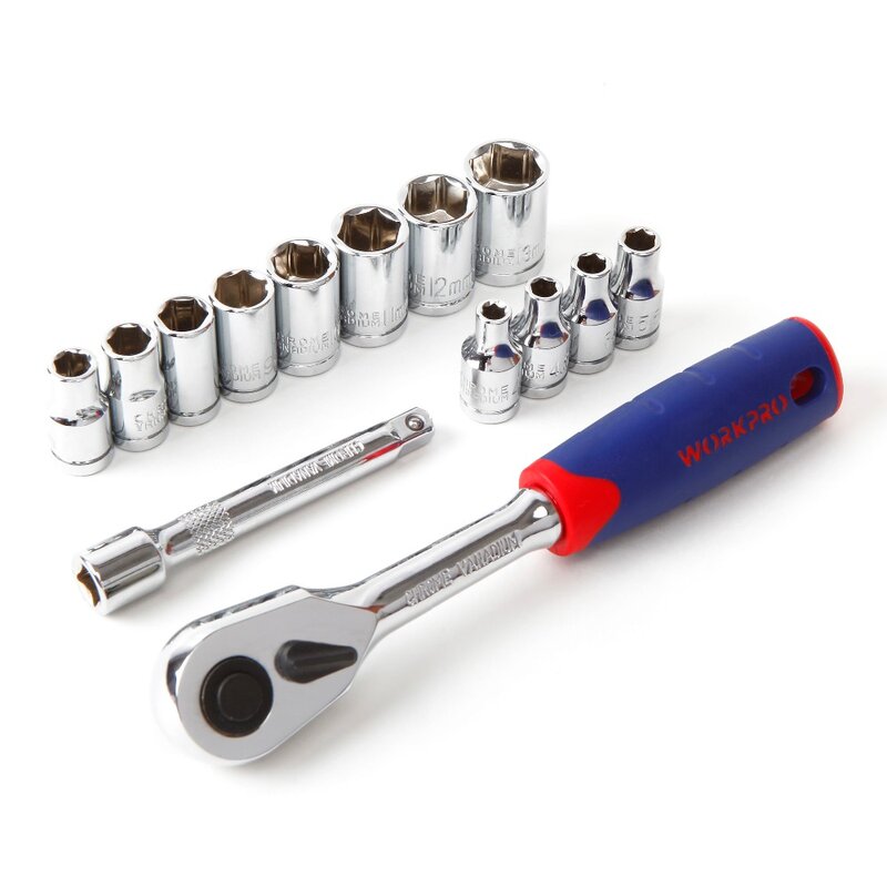 WORKPRO 14PC 1/4'' Socket Wrench CR-V Drive Ratchet Wrench Spanner for Bicycle Motorcycle Car Repairing Tool Socket Set