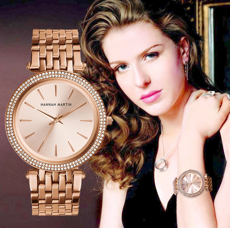Hannah Martin luksusowy zegarek kwarcowy kobiety zegarki różowe złoto wodoodporny sukienka zegarek dla pań bransoletka ze stali nierdzewnej zegarek kobiety Relogios