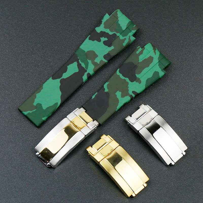 Camuflagem masculina pulseira de borracha 20mm para rolex strap feminino à prova dwaterproof água esportes relógio de borracha com fivela