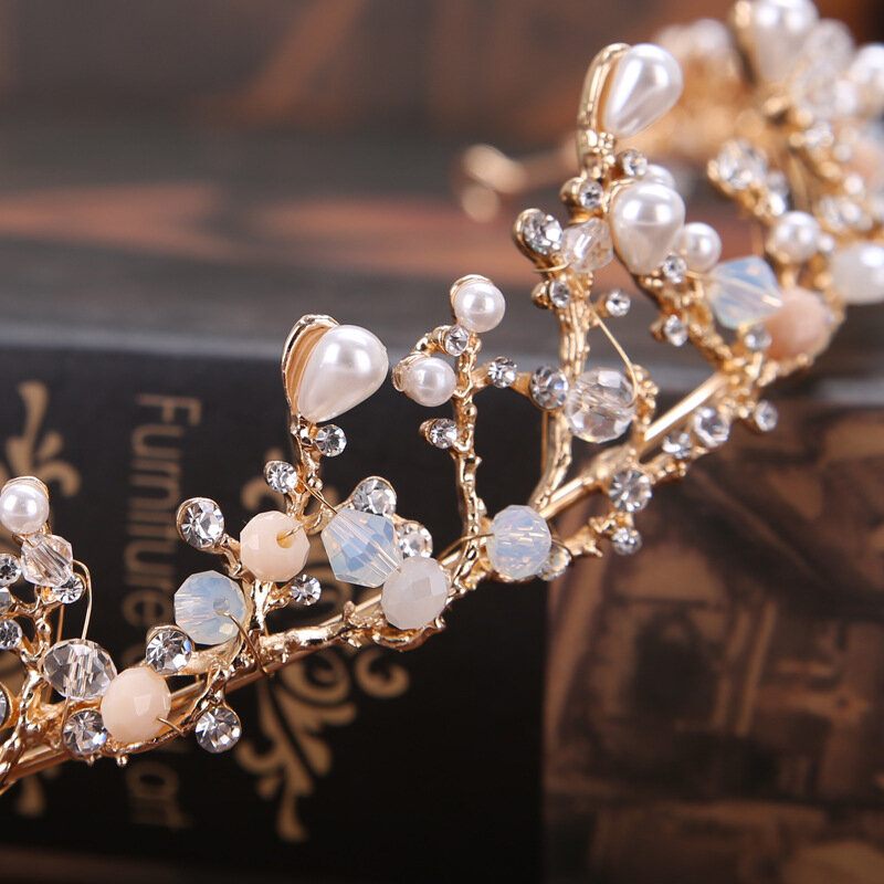 MOLANS Floral Pearl Crystal Crown and Sleeve Chain for Bridal Hair Accessories Golden Branch Princess Crown Headdress for Party