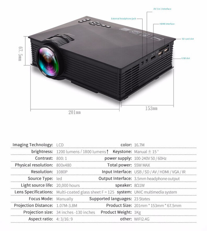 Nuovo Aggiornamento UNIC UC68 multimedia Home Theatre 1800 lumen ha condotto il proiettore con HD 1080p meglio di UC46 Supporto Miracast airplay
