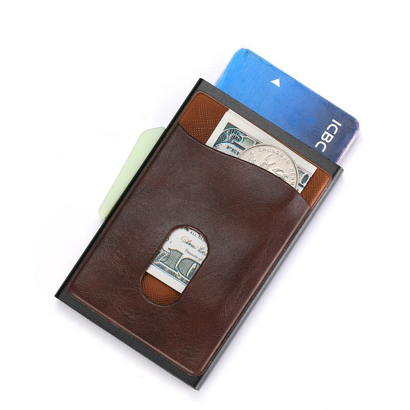 ZOVYVOL metalowe etui na karty kredytowe automatyczny elastyczny Vintage aluminiowy portfel zabezpieczający przed kradzieżą portfel PU skórzany uchwyt na Port