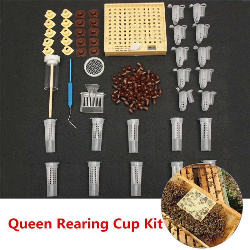 Nocm 155pcs sistema de criação de rainha de plástico caixa cultivando copos de célula captador de abelha gaiola equipamento de ferramenta de apicultura