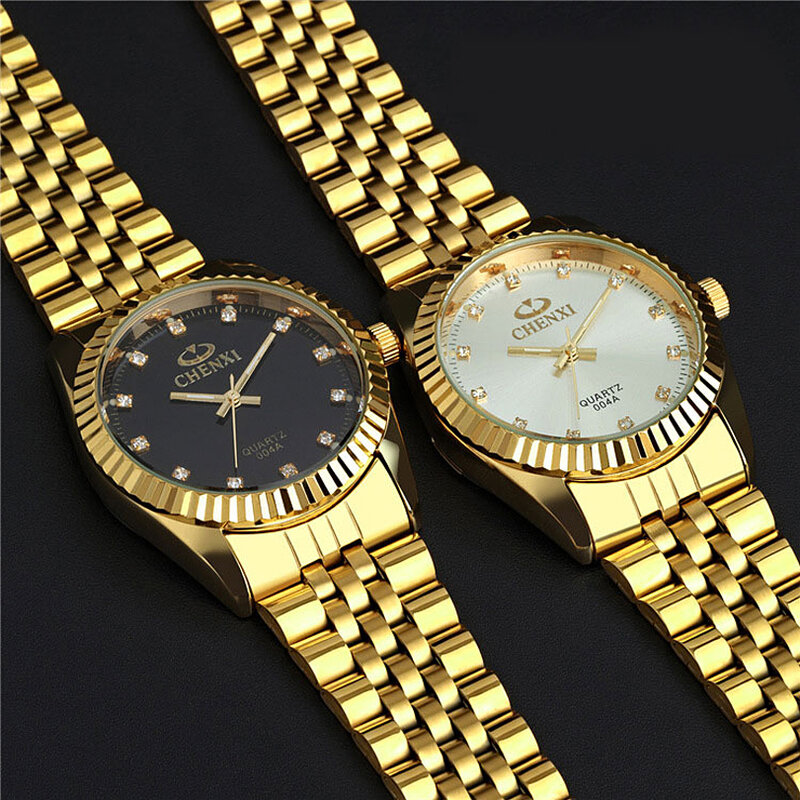 Chenxi relógio de pulso de aço inoxidável dourado, novo relógio masculino totalmente dourado de quartzo