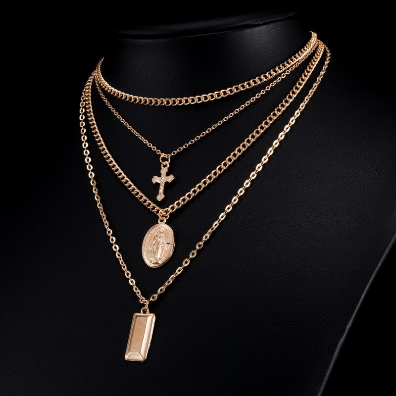 KISSWIFE Bohemia Gold Color Cross Layered Necklace Jesus Virgin Mary Chain Pendant Necklace Easter Day's Gift For Women Jewelry
