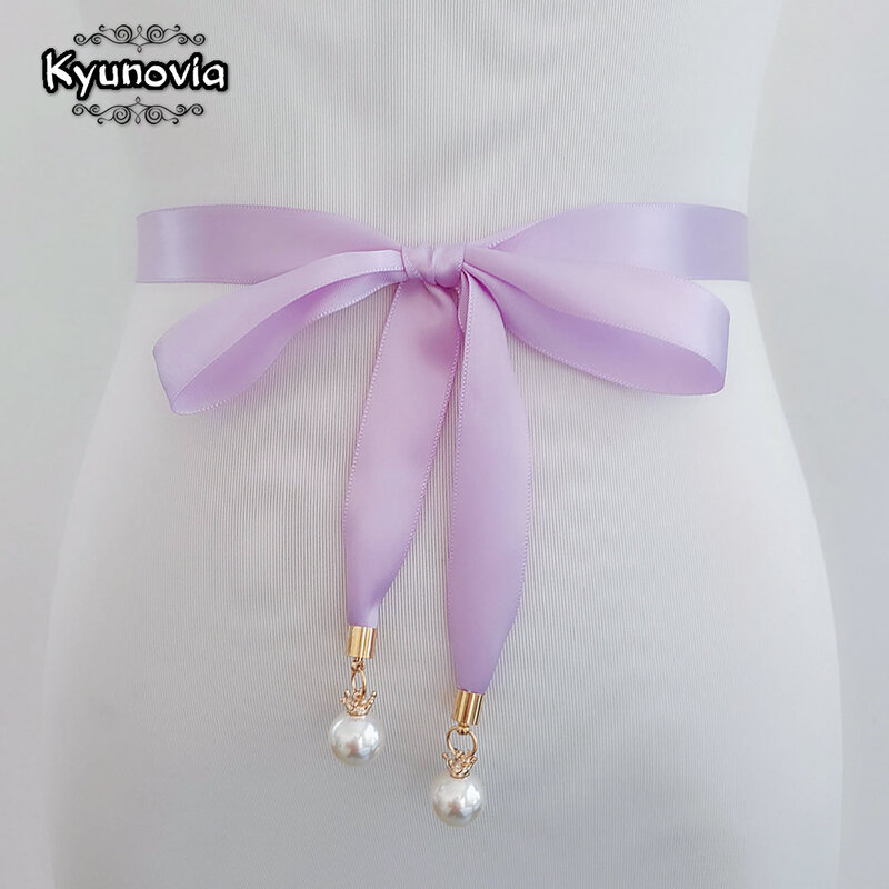 Kyunovia Pearl Pendant Style Prom Dress Belt High Quality Double Sided Satin Sash Pearl Sash Thin Bridal Gown Wedding Belt D80