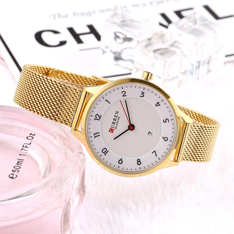 Curren relógio de pulso quartzo para mulheres, relógio de pulso feminino dourado de malha de aço