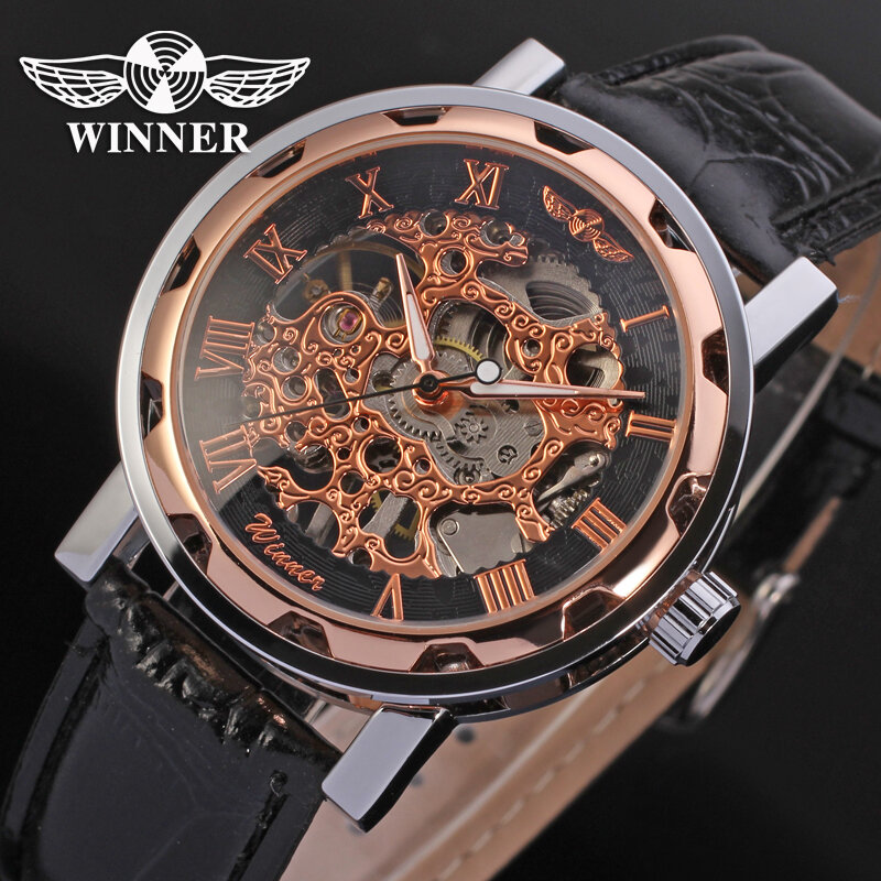 Winnaar Steampunk Hollow Skeleton Mechanische Horloge Mannen Merk Luxe Lederen Steel Horloge Klok Waterdicht
